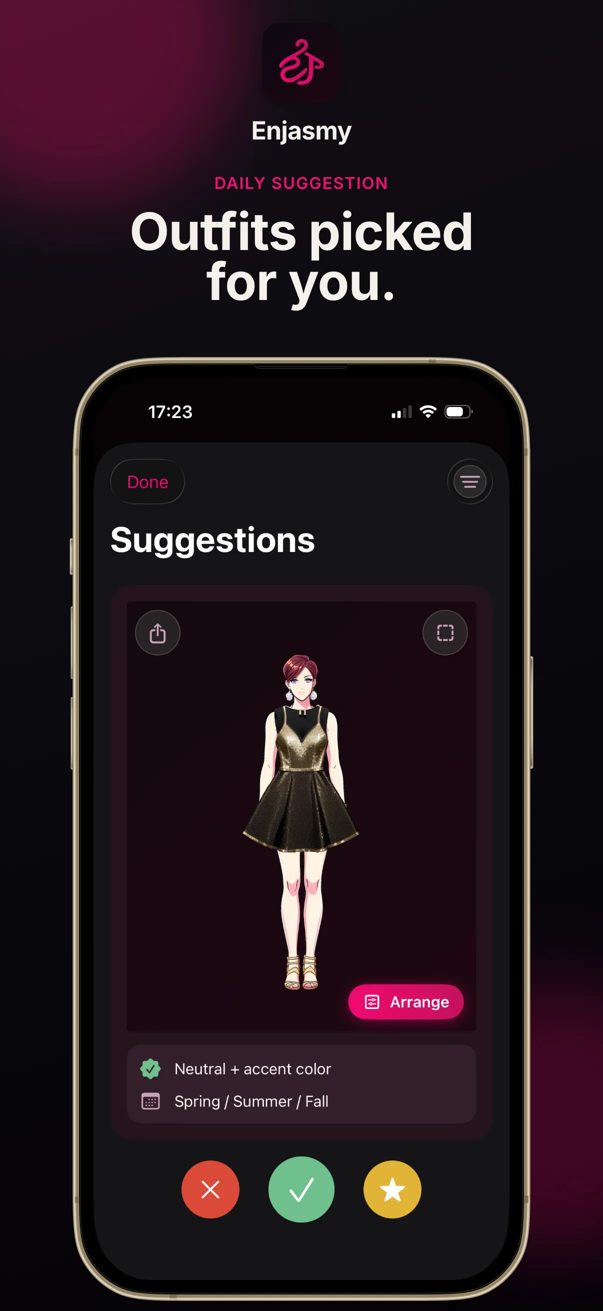 Daily suggestions — swipe to keep, skip, or favourite