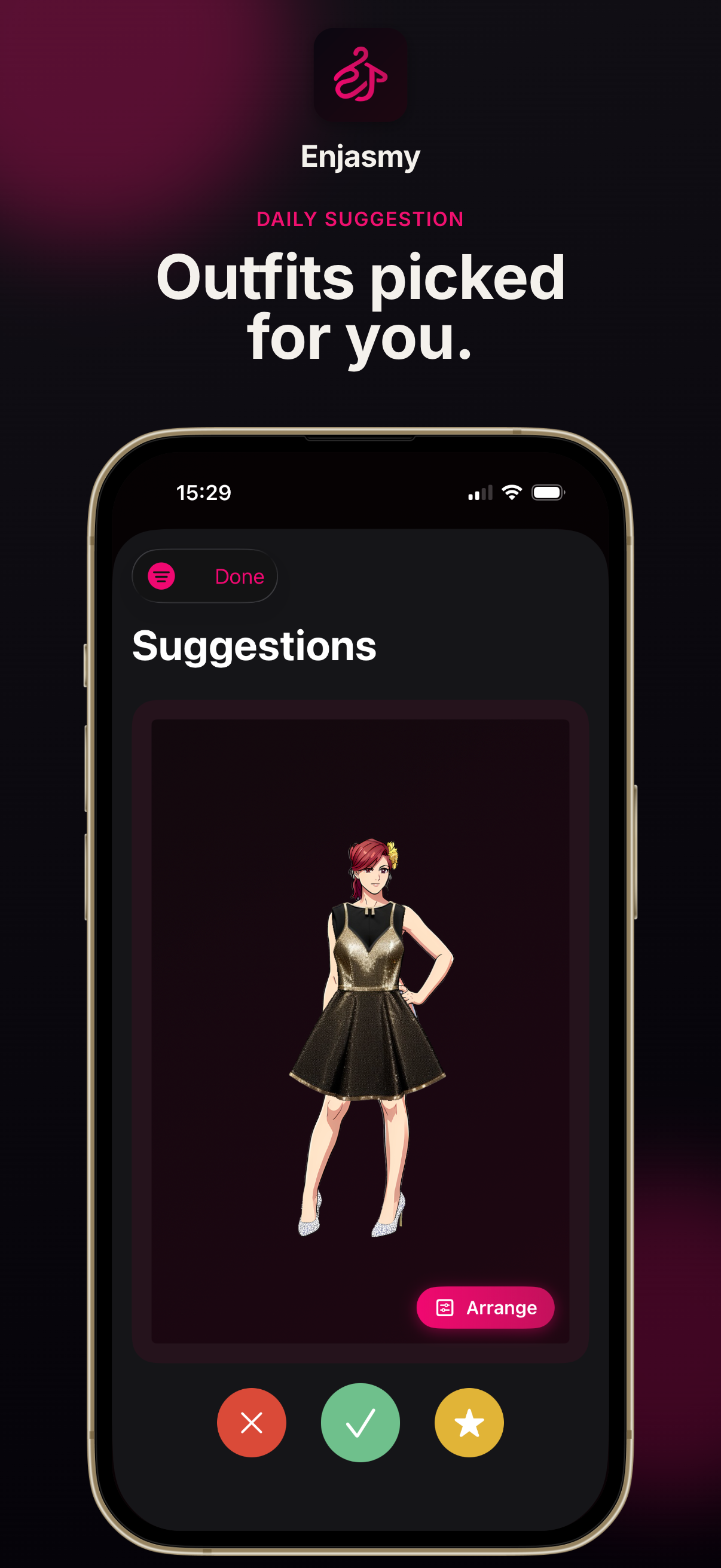 Daily suggestions — swipe to keep, skip, or favourite